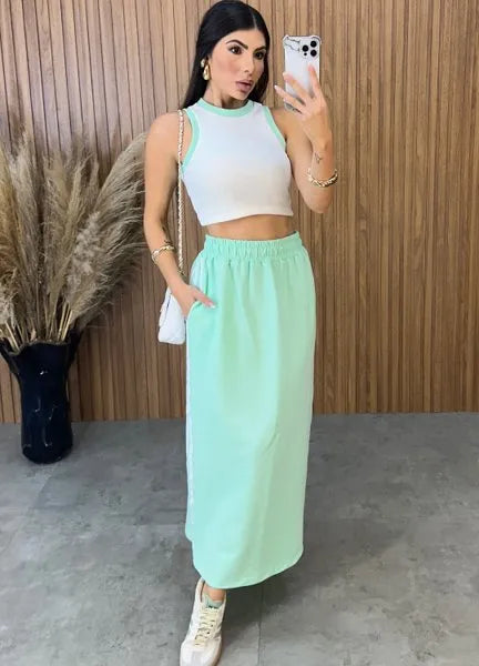 Cropped Canelado Bicolor Luiza - Off/verde