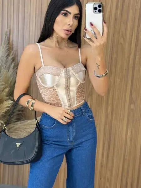 Cropped Corselet Renda - Nude
