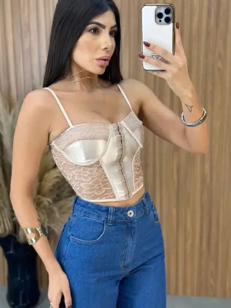 Cropped Corselet Renda - Nude