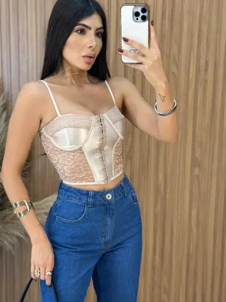 Cropped Corselet Renda - Nude