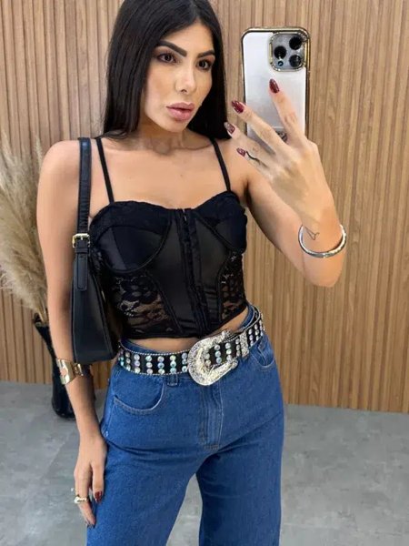 Cropped Corselet Renda - Preto