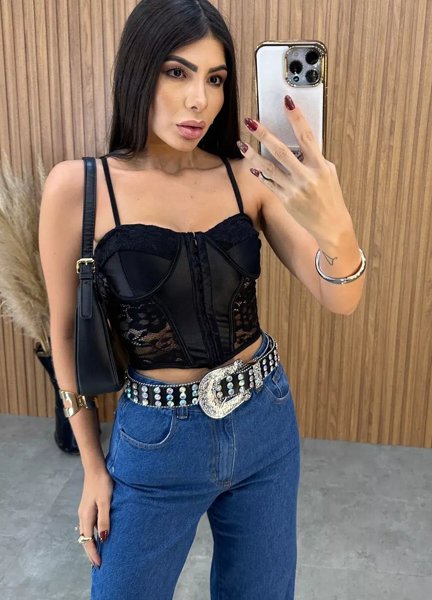 Cropped Corselet Renda - Preto